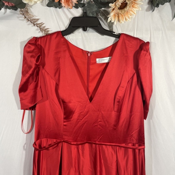 $398 IEENA Mac Duggal [ 14 ] Puff Sleeve Satin A-Line Gown in‎ Red - Picture 7 of 16